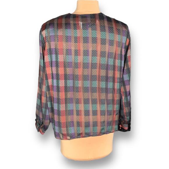Vintage Notations Burgundy Plaid Blouse Satin Button Shoulder Long Sleeve Large - Picture 3 of 11